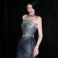 Shiny Grey A Line Strapless Rhinestone Tulle Long Prom Dress Party Dress SH4194
