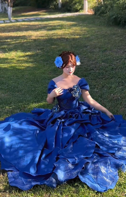 Classic Ball Gown Straps Blue Floral Satin Long Prom Dress 18th Birthday Dress SH4981
