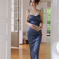 Simple Navy Blue Mermaid Spaghetti Strap Satin Open Back Long Evening Dress Gown Dress SH3583