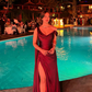 Elegant Burgundy A Line Straps Satin Long Prom Dress Evening Dress with Slit SH7305