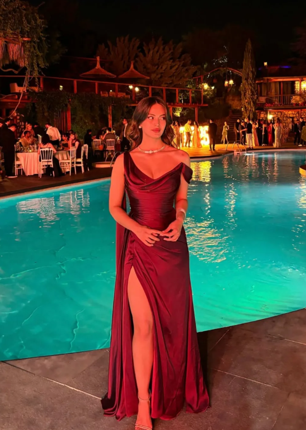 Elegant Burgundy A Line Straps Satin Long Prom Dress Evening Dress with Slit SH7305