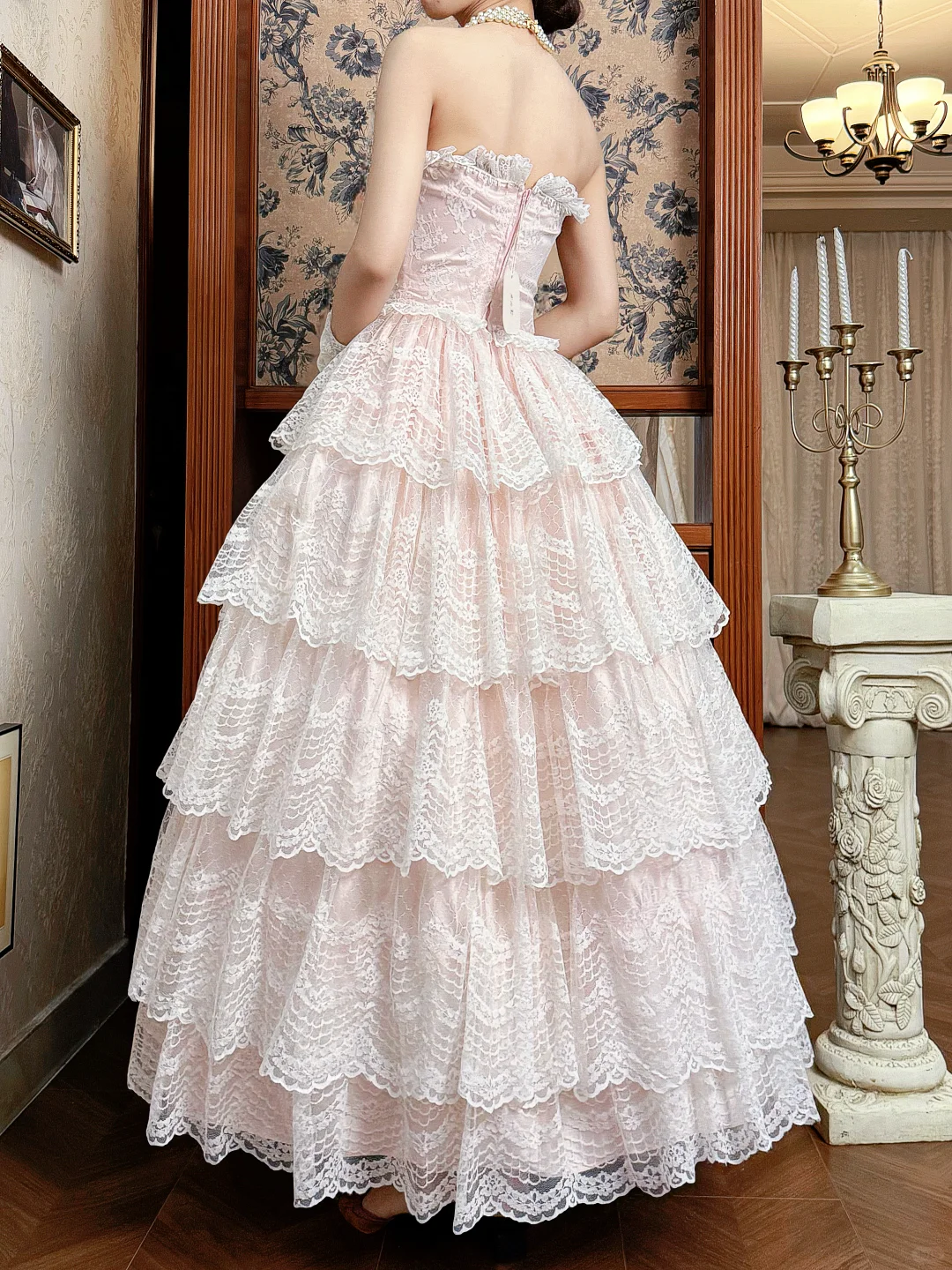 Vintage Princess Light Pink A Line Layered Lace Long Prom Dress Evening Dress SH5657