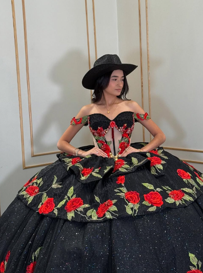 Sexy Red Flower Ball Gown Off the Shoulder Black Tulle Sweet 16 Dress Party Gowns Quinceanera Dresses SH3555