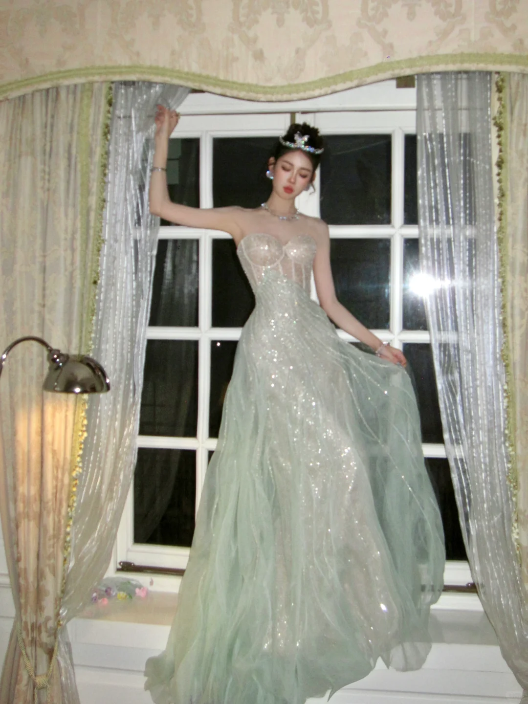 Stunning Green A Line Sweetheart Neck Corset Sequin Tulle Prom Dress Evening Dress SH4207