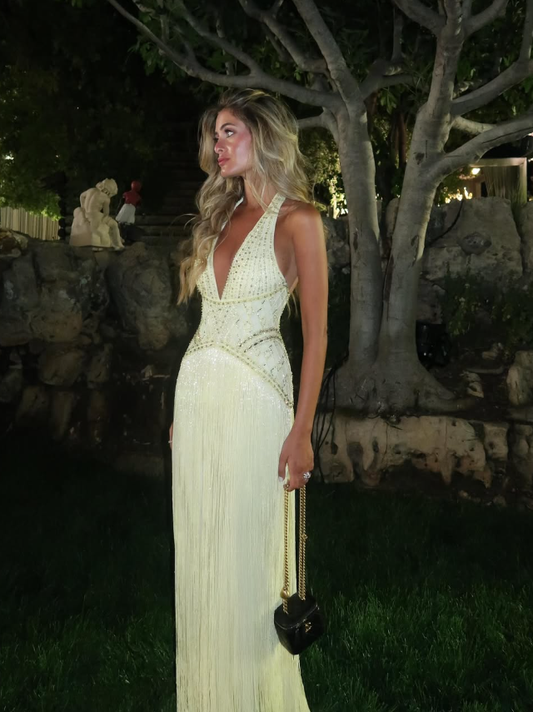 Light Yellow Tassel Exquisite Beaded A Line V Neck Backless Long Prom Dress SH5357
