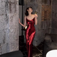 Elegant Spaghetti Straps Burgundy Satin Long Prom Dress Evening Dress SH1042