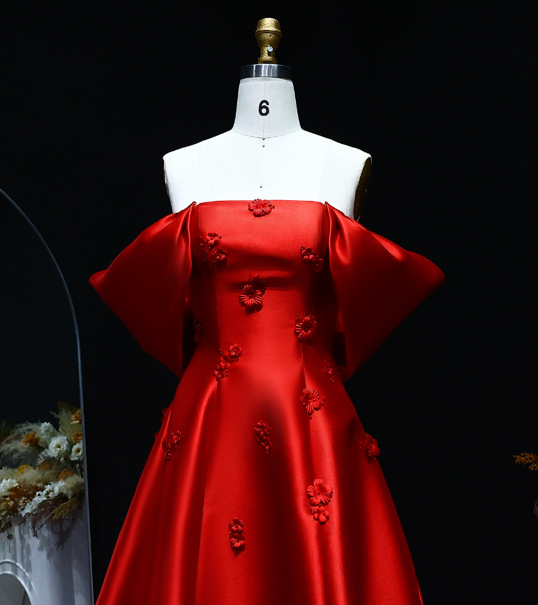 Elegant A Line Off the Shoulder 3D Flower Red Satin Prom Dress Evening Dress SH2378