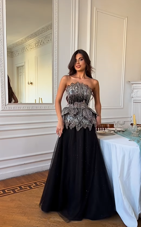 Charming Black A Line Strapless Layered Sequin Tulle Prom Dress Evening Dress SH6435
