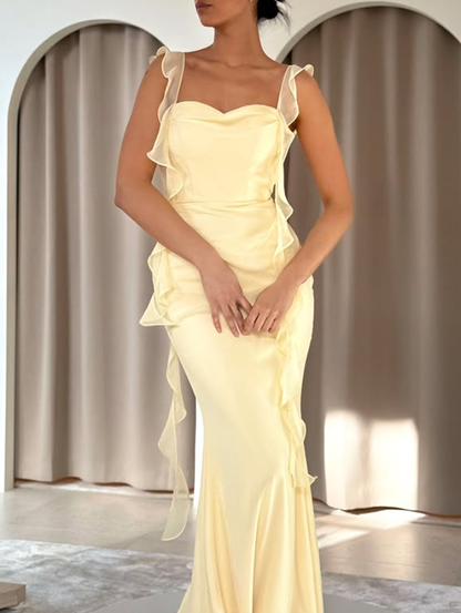 Light Yellow Mermaid Straps Ruffle Chiffon Prom Dress Date Dress SH5547