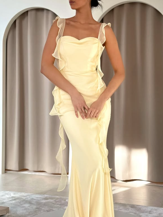 Light Yellow Mermaid Straps Ruffle Chiffon Prom Dress Date Dress SH5547