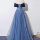 Off Shoulder Tulle Gray Blue Long Prom Dress, Blue Formal Dress SH838