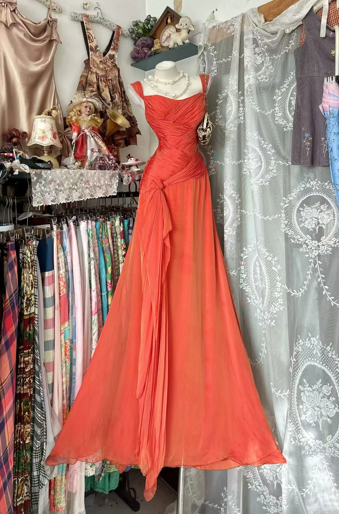 Vintage Orange A Line Straps Pleated Chiffon Prom Dress Evening Party Dress SH5673