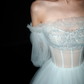 Pretty A Line Puff Sleeve Foggy Blue Tulle Long Prom Dress SH5554