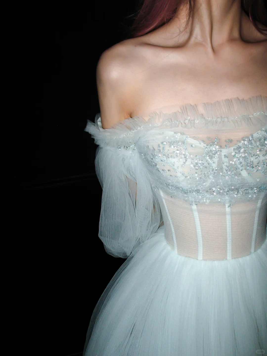 Pretty A Line Puff Sleeve Foggy Blue Tulle Long Prom Dress SH5554