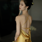 Simple Yellow A Line Spaghetti Strap Satin Open Back Prom Dress Evening Dress SH4210