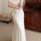 Gentle Mermaid Print Flower Ivory Chiffon Long Prom Dress Evening Dress SH6049