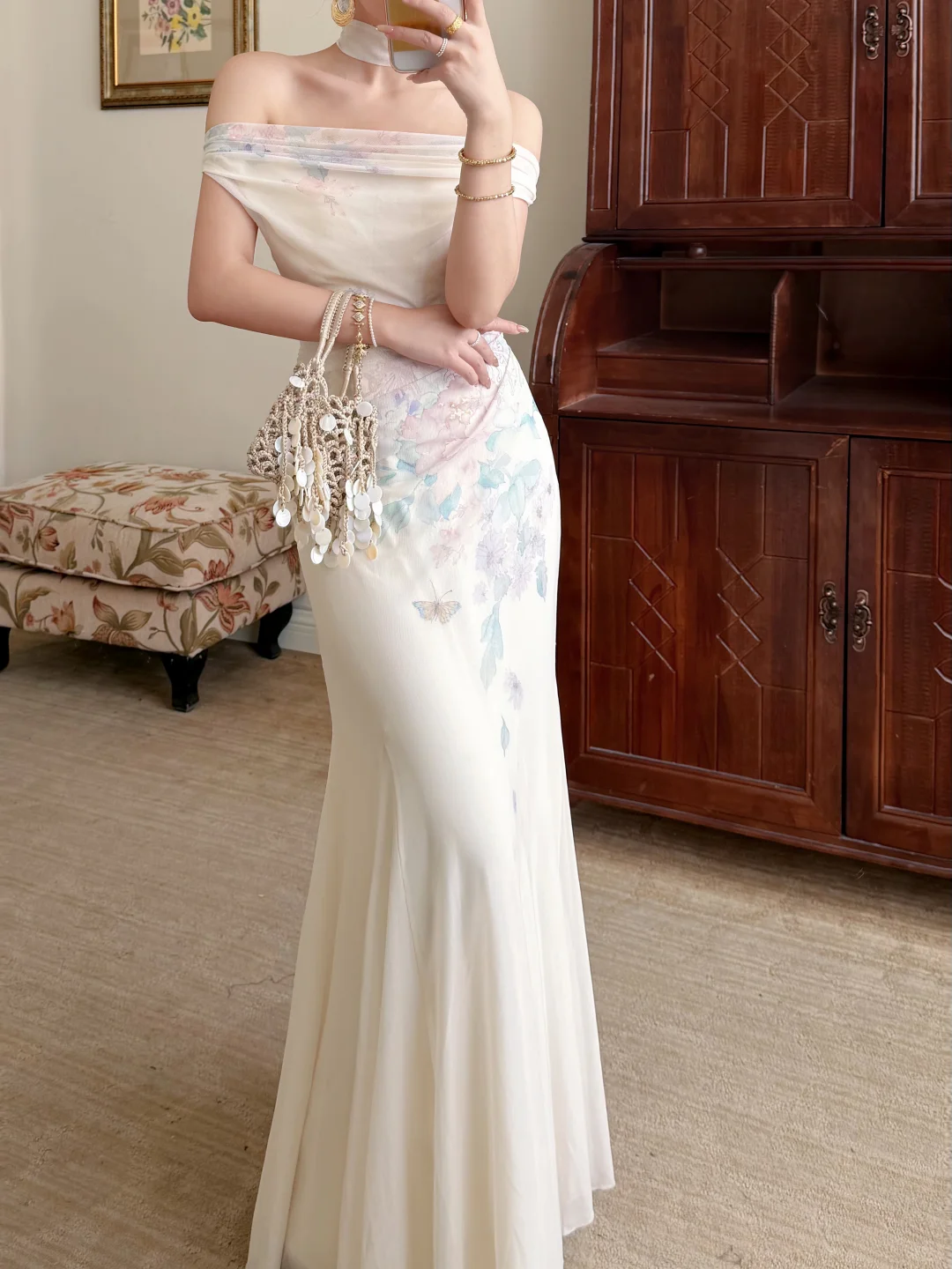 Gentle Mermaid Print Flower Ivory Chiffon Long Prom Dress Evening Dress SH6049