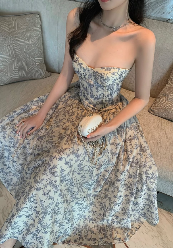 Blue Print Floral A Line Sweetheart Neck Chiffon Long Prom Dress Evening Dress SH8795