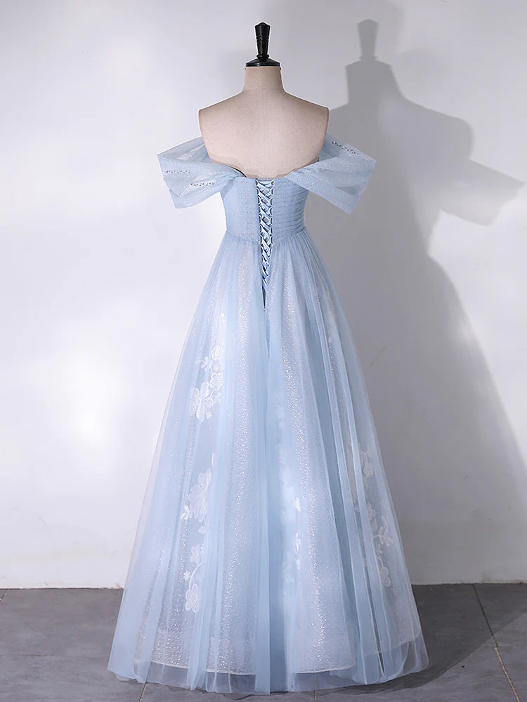 A Line Off the Shoulder Beading Appliques Blue Tulle Long Prom Dress Evening Dress SH1706