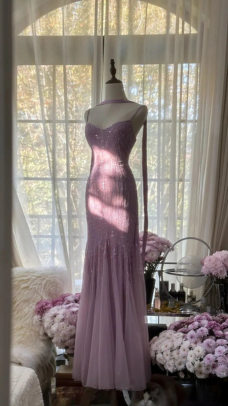 Lilac Mermaid Spaghetti Strap Beaded Chiffon Long Prom Dress Graduatio – shinydress