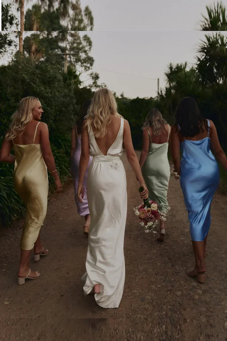 Sheath Silk Satin V Neck Ankle Length Bridesmaid Dresses with Straps SH6283