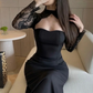 Two Piece Mermaid Long Sleeve Black Lace Satin Long Prom Dress Evening Dress SH7308