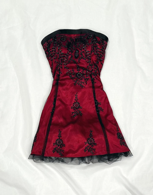 Black Appliques A Line Strapless Black Tulle Burgundy Satin Short Homecoming Dress Birthday Dress Outfits SH3540