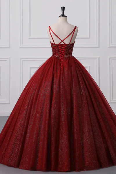 Burgundy A Line Spaghetti Strap Beaded Sequins Tulle Prom Dresses SH1681