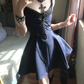 Vintage A Line Straps Black Lace Navy Blue Satin Short Homecoming Dress Cocktail Dress SH3240