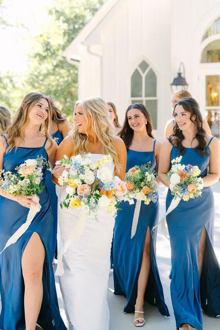 Simple Mermaid Spaghetti Straps Blue Long Bridesmaid Dresses with Bow Back SH6286