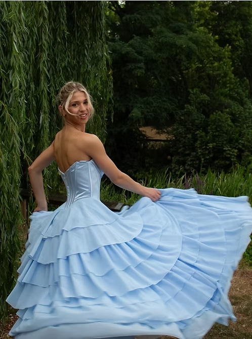 Blue A Line Sweetheart Neck Corset Layered Chiffon Long Prom Dress Evening Dress SH8829