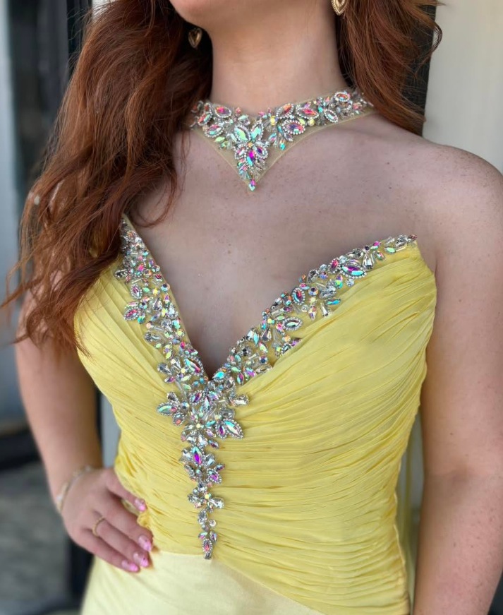 Pretty Yellow Mermaid Sweetheart Neck Rhinestone Satin Prom Dress Party Evening Dress SH7238