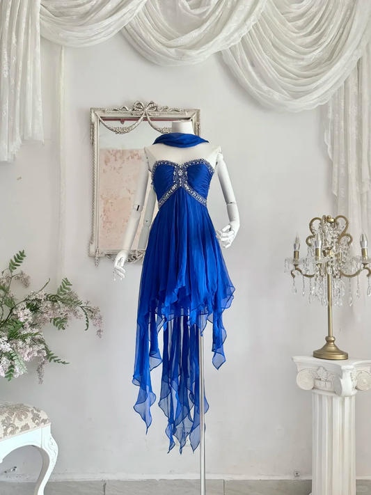 Vintage Blue A Line Sweetheart Neck Rhinestone Ruffle Chiffon Homecoming Dress Outfits SH4554