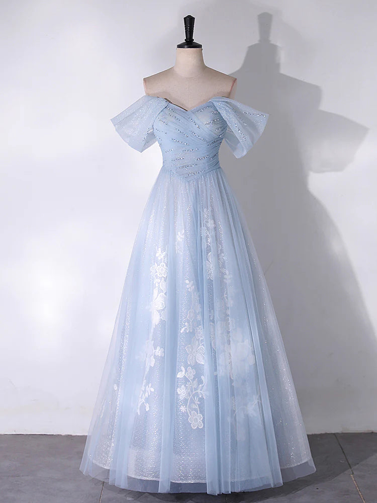 A Line Off the Shoulder Beading Appliques Blue Tulle Long Prom Dress Evening Dress SH1706