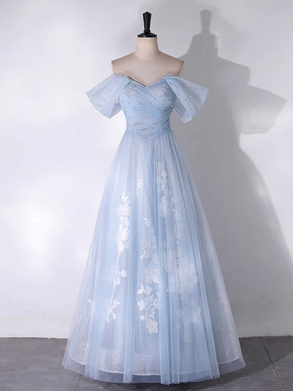 A Line Off the Shoulder Beading Appliques Blue Tulle Long Prom Dress Evening Dress SH1706