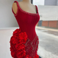 Stunning Sheath Straps Beaded Red Satin Tulle Short Homecoming Dress Cocktail Dress SH3195