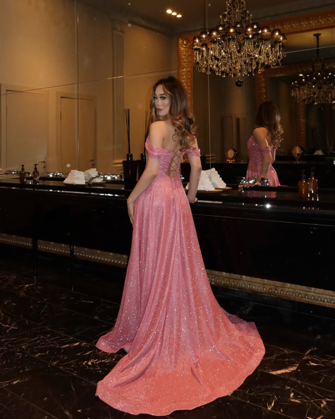 Shiny Pink A Line Off the Shoulder Sequin Prom Dress Evening Dress SH8537