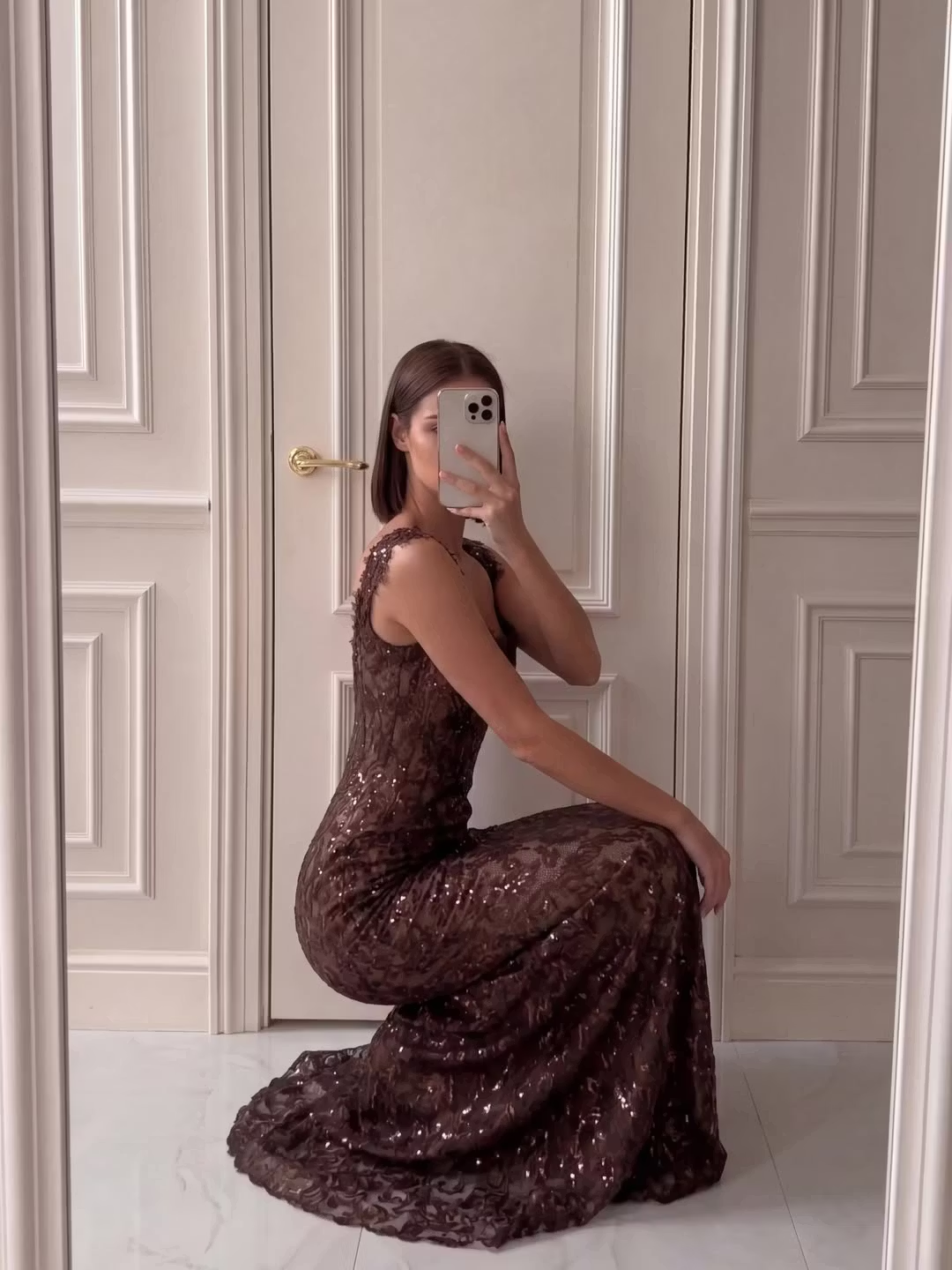 Brown Mermaid Strap Sequin Lace Long Prom Dress Evening Dress SH8552