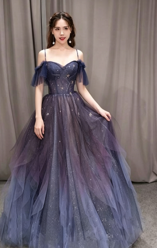 Purple tulle off shoulder A-line long prom dress, purple evening dress KS7899