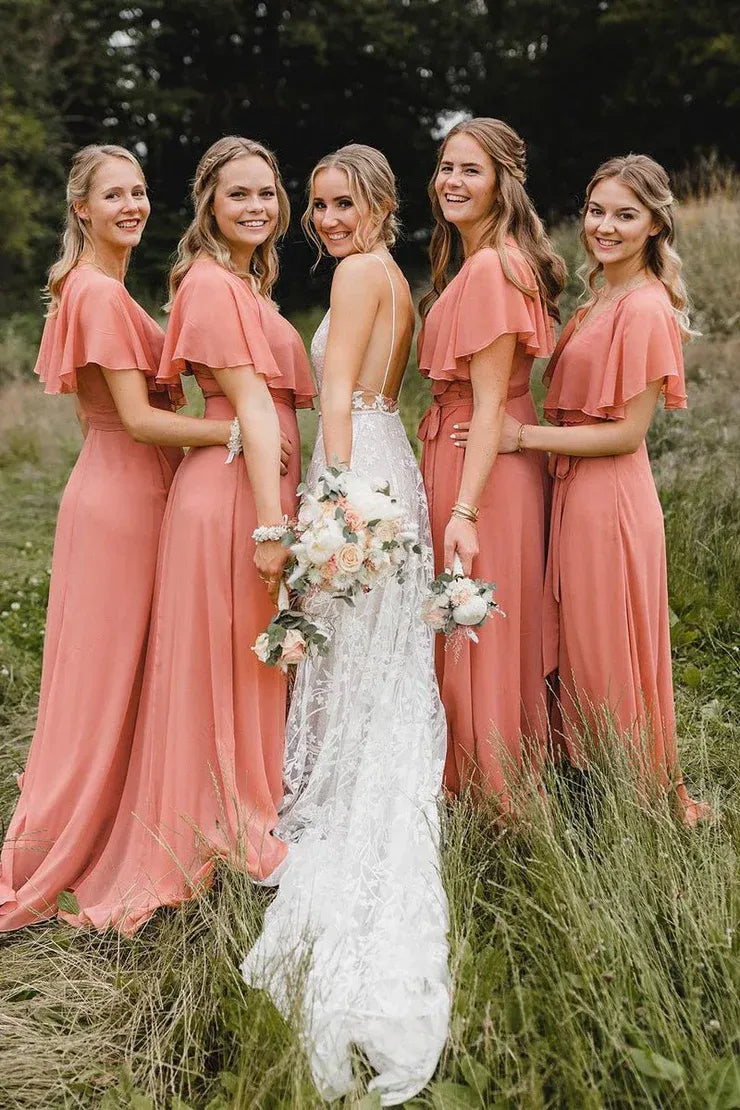 Simple A-Line Coral Chiffon Long Bridesmaid Dresses SH6285