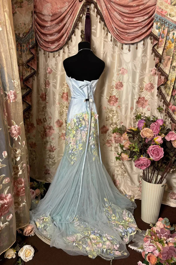 Dreamy Baby Blue Sweetheart Neck Floral Embroidery Satin Tulle Prom Dress Evening Dress Formal Dress SH3706