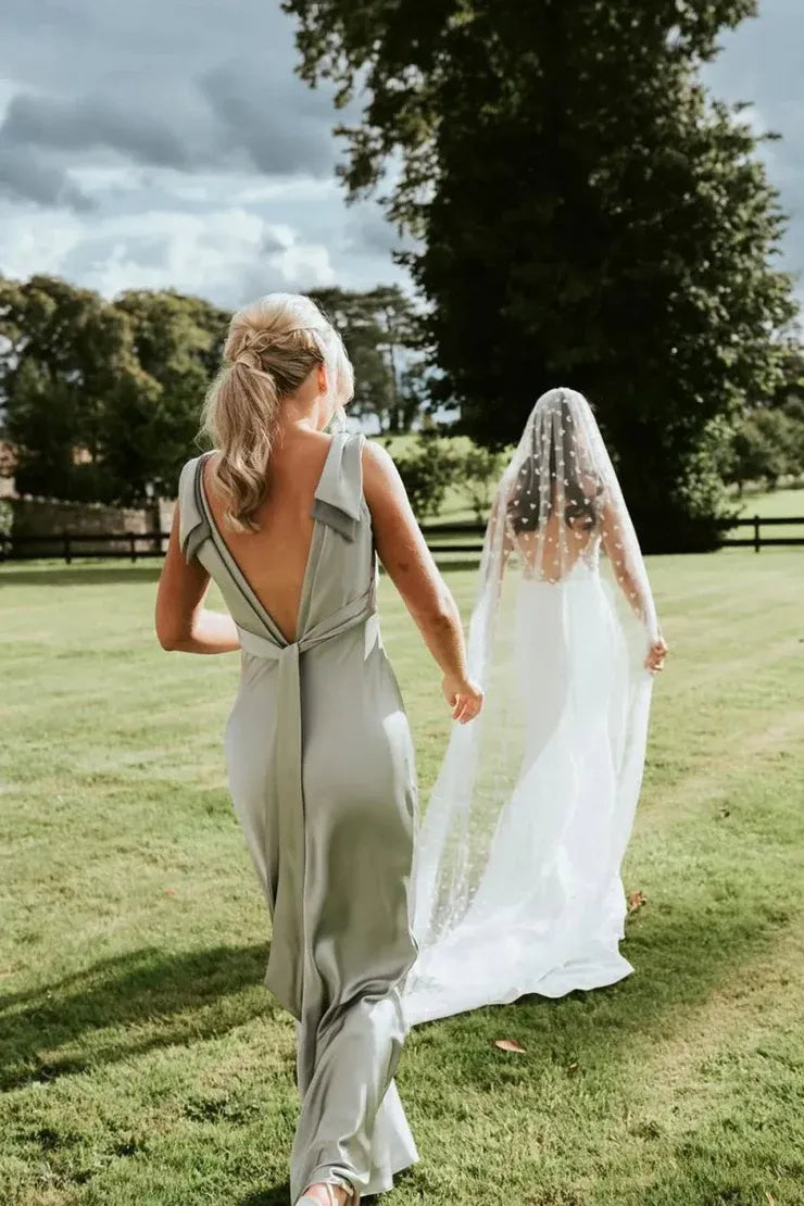 Sheath V Neck Sage Green Silk Satin Bridesmaid Dress with Bow SH6293