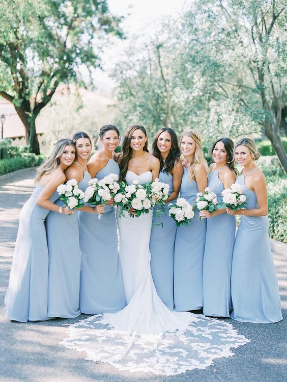 Charming A-Line Halter Sky Blue Chiffon Long Bridesmaid Dresses SH6287