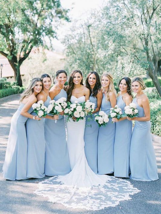 Charming A-Line Halter Sky Blue Chiffon Long Bridesmaid Dresses SH6287