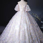 A Line Puff Sleeves Sweetheart Neck Appliques Tulle Long Prom Dress Ball Gown SH1705