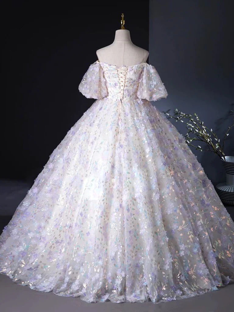 A Line Puff Sleeves Sweetheart Neck Appliques Tulle Long Prom Dress Ball Gown SH1705