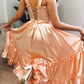 Princess A Line Straps Ruffles Light Pink Satin Prom Dress Evening Dress SH2145