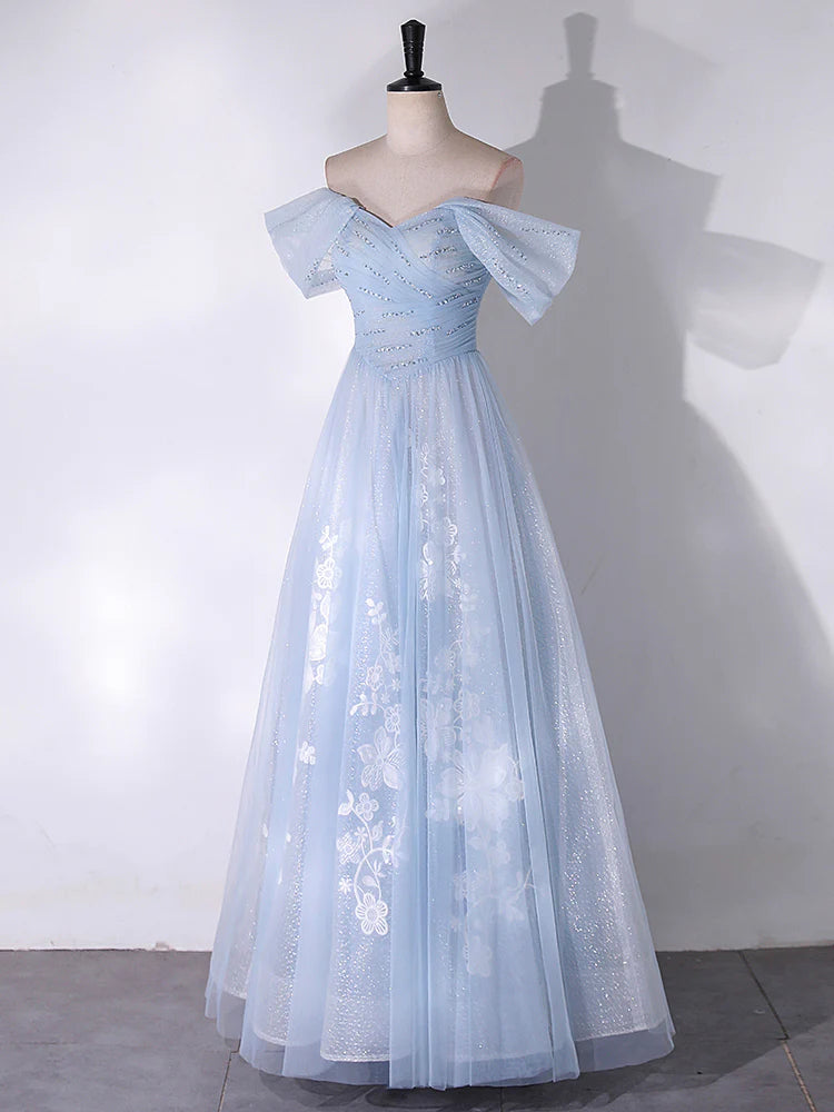 A Line Off the Shoulder Beading Appliques Blue Tulle Long Prom Dress Evening Dress SH1706