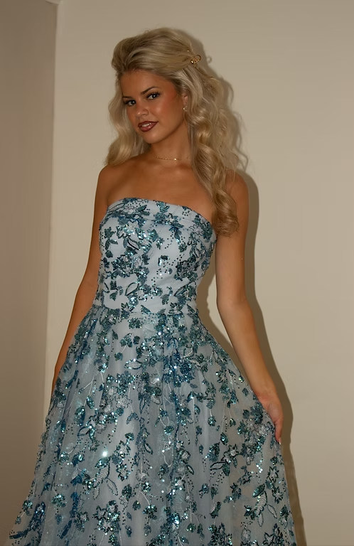 Sweety Blue A Line Strapless Shiny Sequin Tulle Long Prom Dress Evening Dress SH8826