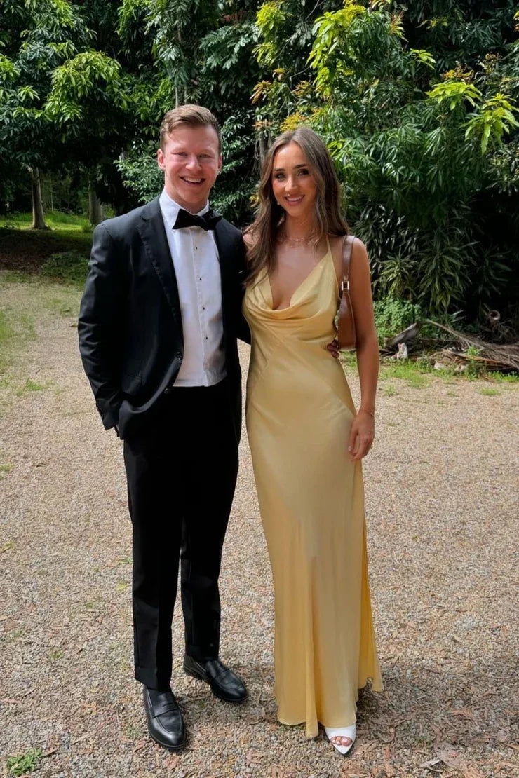 Cowl Neck Yellow Soft Satin Sheath Bridesmaid Dress SH6298